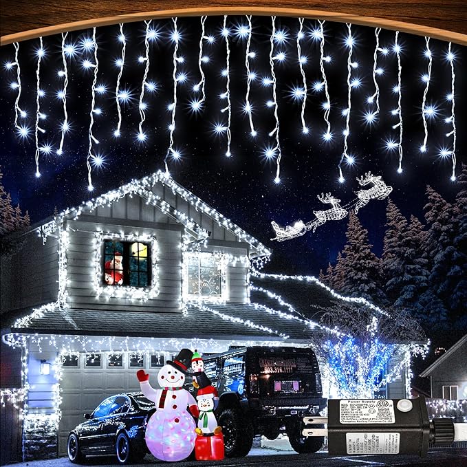 99ft 1216LED Icicle Lights for Outside White Christmas Lights for House Patio Yard Porch Backyard Holiday Garden Xmas Exterior Decoration Waterproof Twinkle Cluster Light Hanging Light All Year