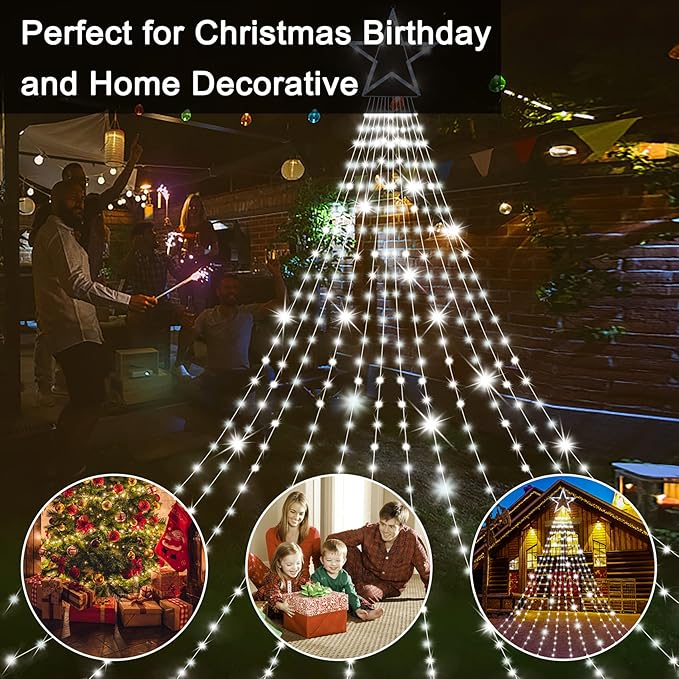 Onory Christmas Outdoor Star String Lights 23FT 860 LED Waterproof Waterfall Tree Lights with Star Topper 8 Modes Christmas Decorations Outdoor Tree Lights for Patio Yard Party Holiday Dec