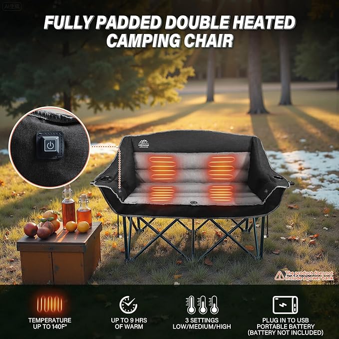 Heated Double Camping Chairs3 Heat Levels Padded Portable Loveseat w/Wine Glass HolderCup HolderHeating Outdoor Camp Couch Support 600 LbsBlackBattery NOT Included