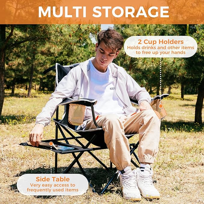 FUNDANGO Folding Padded Camping Chair Portable Outdoor Full Back Lawn Arm Chair with Side Table Cup Holder Side Pocket for Garden Picnic BBQ with Carry Bag Support 300LBS