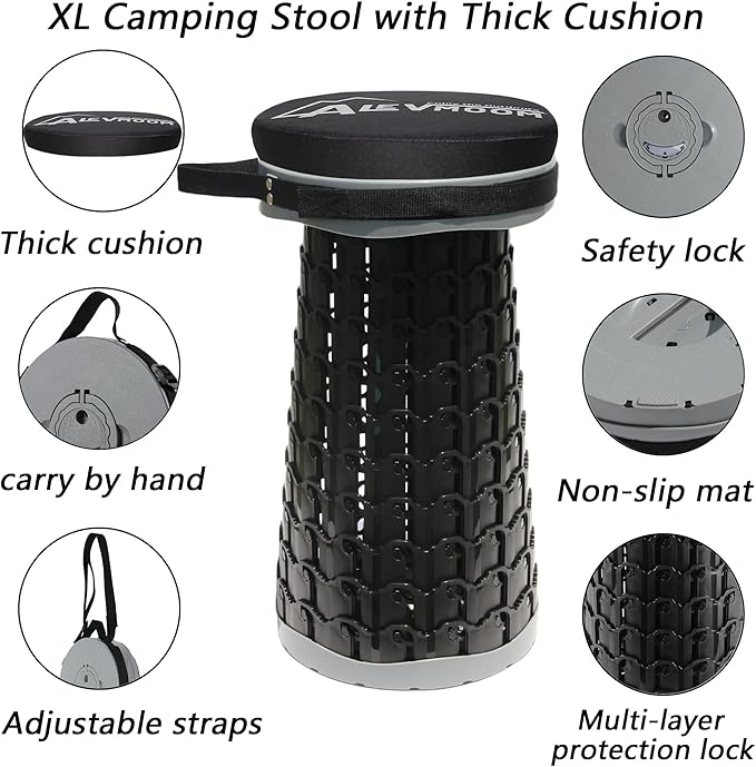 ALEVMOOM XXL 18.1 Telescoping Stool with Thick Cushion Portable Telescoping More Sturdy Capacity 880IbCollapsible Retractable Adjustable Folding Stool for Garden Hiking Fishing BBQ