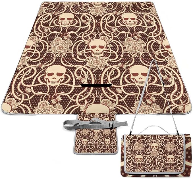 Vintage Halloween Black Victorian Gothic Skull Damask Waterproof Outdoor Picnic Blanket Sandproof Beach Mat for Camping Hiking Grass Travelling