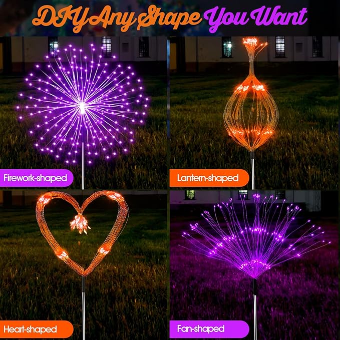 6 Pcs Easter Solar Firework Stake Lights 180 LED 8 Modes Solar Waterproof LED Sparkler Lights Outdoor Decoration for Christmas Holiday Garden Patio Yard Pathway Walkway Orange Purple