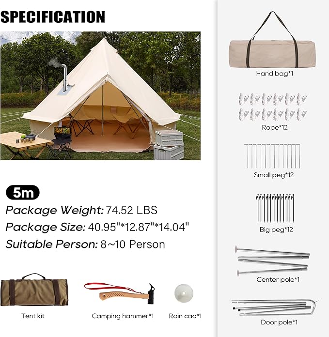Luxury Cotton Bell Tent Yurt Canvas Tent with Stove Jack 4/6/8 Person Family 4 Season Camping