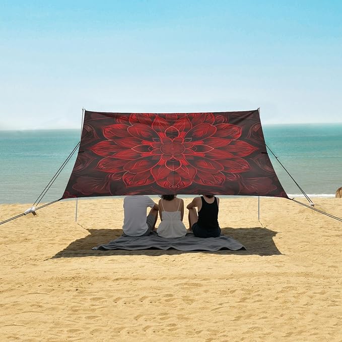 Dark Red Mandala Beach Tent Sun Shelter 9.2' x 10.5' Beach Canopy with 4 Sandbags 4 Stability Poles Sand Shovels - Tent Canopy for Beach Camping Fishing Picnics