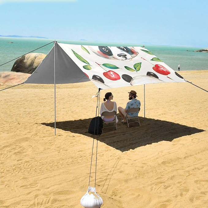 Hand Drawn Watercolor Kawaii Panda Camping Sun Shelter Beach Tent Portable Beach Sun Shade Outdoor Canopy for Camping Trips Fishing Picnic