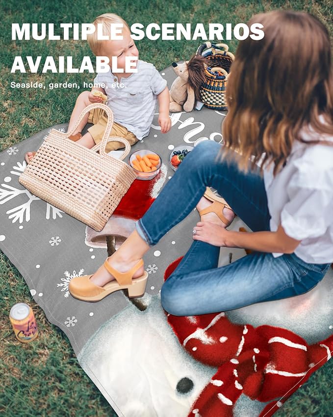 Beach Blanket Waterproof Sandproof Christmas Snowman Snowflake on Gray Quick Drying Beach Mat with 4 Stakes Winter White Snow Seamless Lightweight Picnic Blanket for Travel Camping 118x108