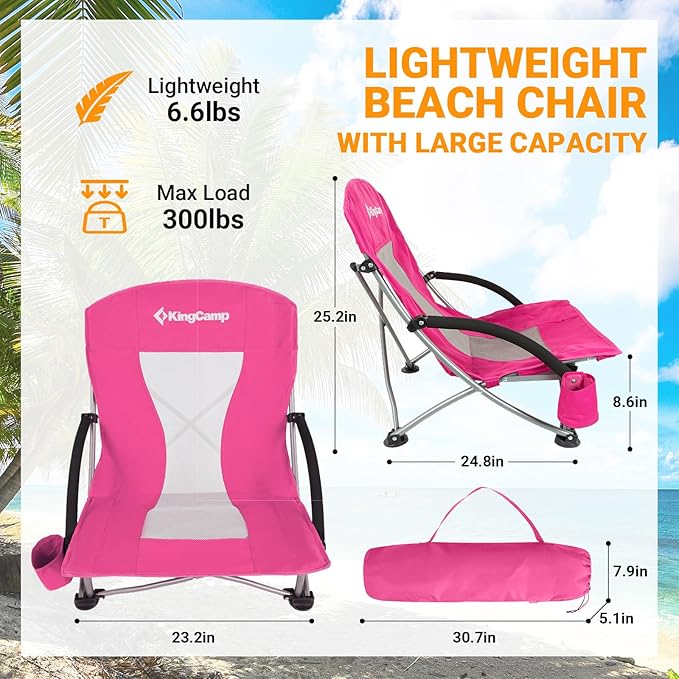 KingCamp Low Beach Chair Folding Portable Lightweight Backpack Chair for Adults with Cup Holder Pocket Carry Bag for Outdoor Camping Concert Festival Travel Sports Lawn Sand Rose