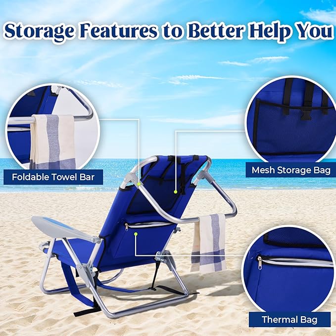 2 Pack Lightweight Portable Camping Beach Chair for Adults Outdoor Lay Flat Folding Beach Chairs with 5 Positions Backpack Beach Chair with Towel Bar Zipper Pouch Cup Holder Blue