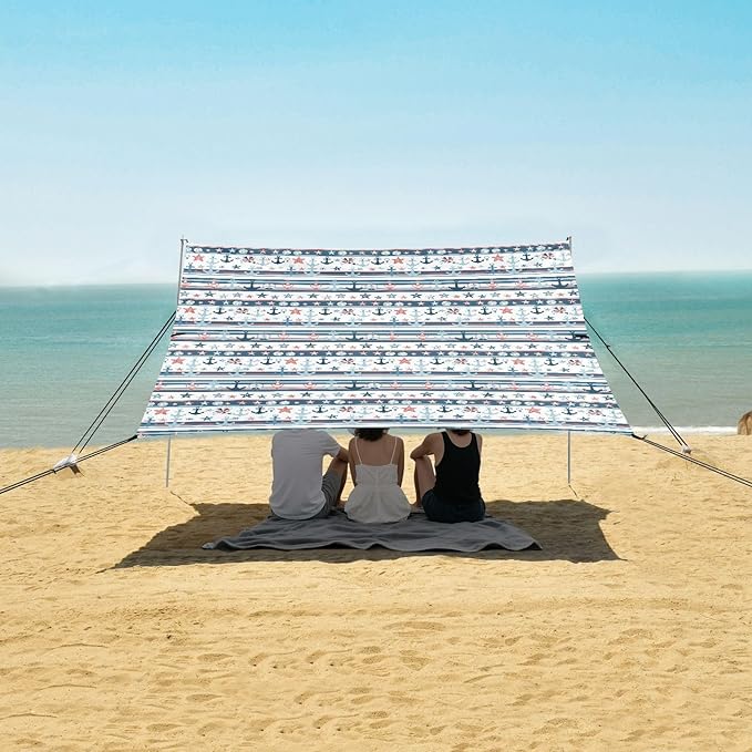 ALAZA Seafish Anchor Stripe Beach Tent Sun Shelter UPF50+ Protection Beach Shade Canopy w/ 4 Sandbags for Outdoor Camping Fishing Backyard Fun Picnic 10x9 ft