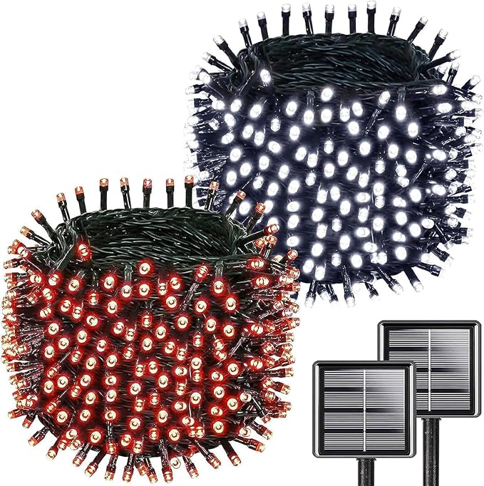 Solar Christmas String Lights Outdoor Waterproof 2PK 500LED 180FT Twinkle Lights IP65 Waterproof Solar Powered LED Fairy Light with 8 Modes for Christmas Tree Wedding Garden Decoration Red &amp Whi