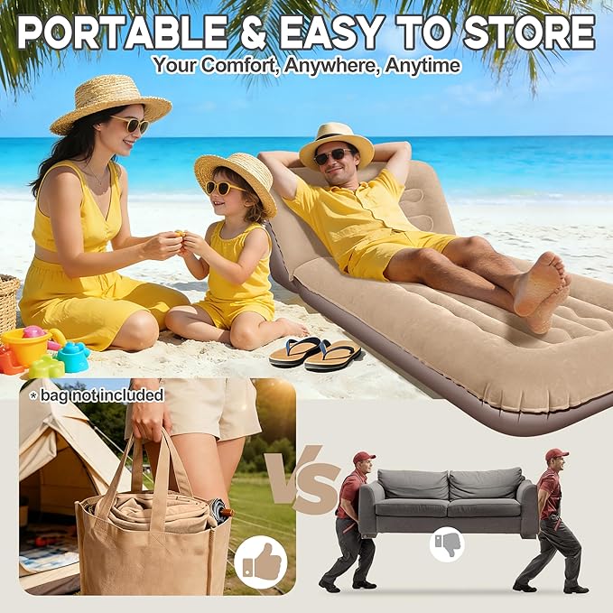 Luxfero Inflatable Couch for Camping Air Mattress with Adjustable Backrest Blow Up Couch for Adults with Flocked Surface Portable Inflatable Lounge Chair Air Sofa Bed for Indoor/Outdoor-No Pump