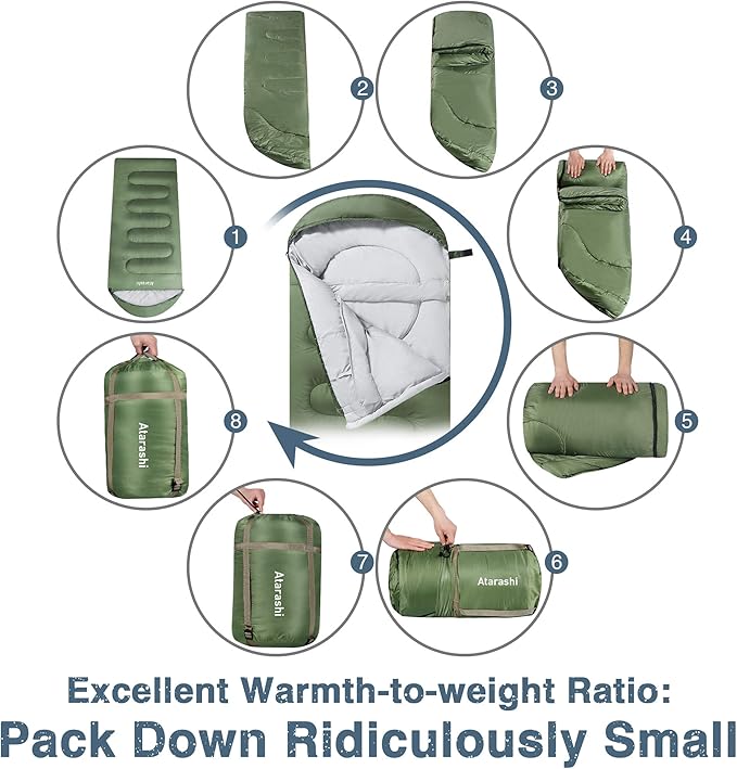 Atarashi Camping Sleeping Bag- 4 Seasons for Adults Light Warm Extra-Large with Compression Sack- Great for Hiking Backpacking &amp Outdoor Adventures