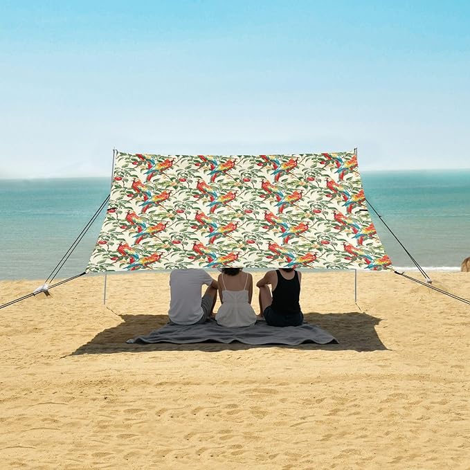 ALAZA Vintage Parrot Flower Beach Tent Sun Shelter UPF50+ Protection Beach Shade Canopy w/ 4 Sandbags for Outdoor Camping Fishing Backyard Fun Picnic 10x9 ft