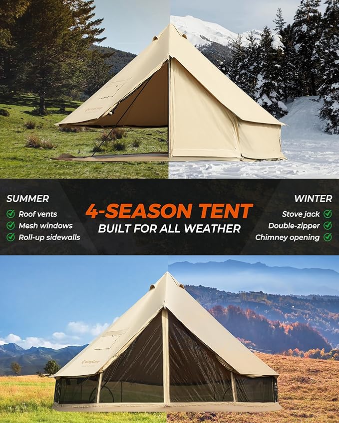 KingCamp Canvas Bell Yurt Tents with Self Inflating Sleeping Pad 4 Seasons Large Waterproof &amp Windproof Glamping Tent w/Stove Jack for Family Outdoor Camping