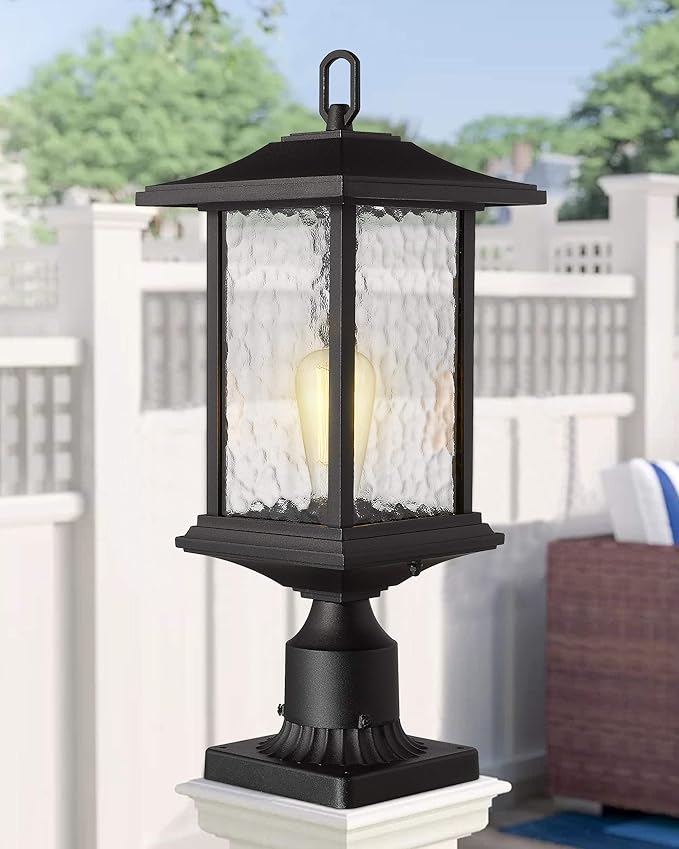 Beionxii Dusk to Dawn Outdoor Post Lights 21inch Large Exterior Lamp Post Light Pier Mount Lantern with Base Black Cast Aluminum w/Water Glass - A272P-2PK (NOT Solar 110-120V AC)