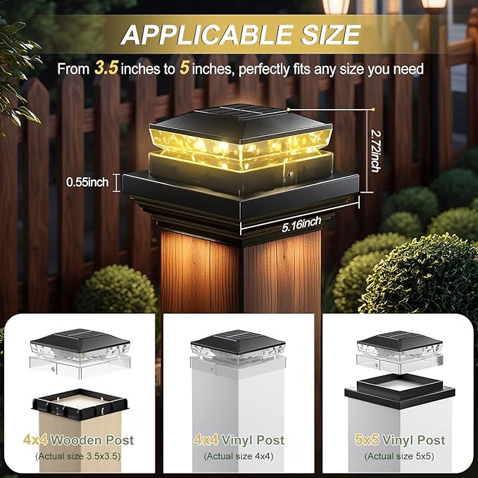 Solar Post Cap Light 6 Packs Waterproof Fence Post Solar Lights 4x4 IP65 Black Outdoor Light for Deck Garden &amp Patio Lights for 3.5x3.54x45x5 Wood &amp Vinyl Posts Warm White Lighting