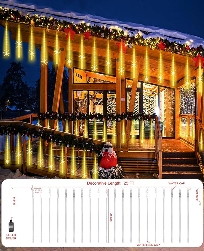 Meteor Shower Lights Outdoor Easter Lights UL Certified 20 Inch 20 Tubes 1080 LED Falling Rain Drop Lamp Snowfall Icicle Cascading String Lights for Xmas Holiday Tree Garden Decor Warm White