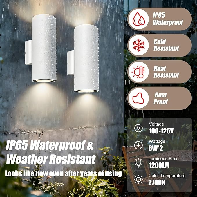 Porch Light in 2 Lights Cylinder Wall Lights 10.24 2 Pack Up Down Lights 2700K Warm White Waterproof Wall Sconce Aluminum Exterior Light Fixture Wall Mount White
