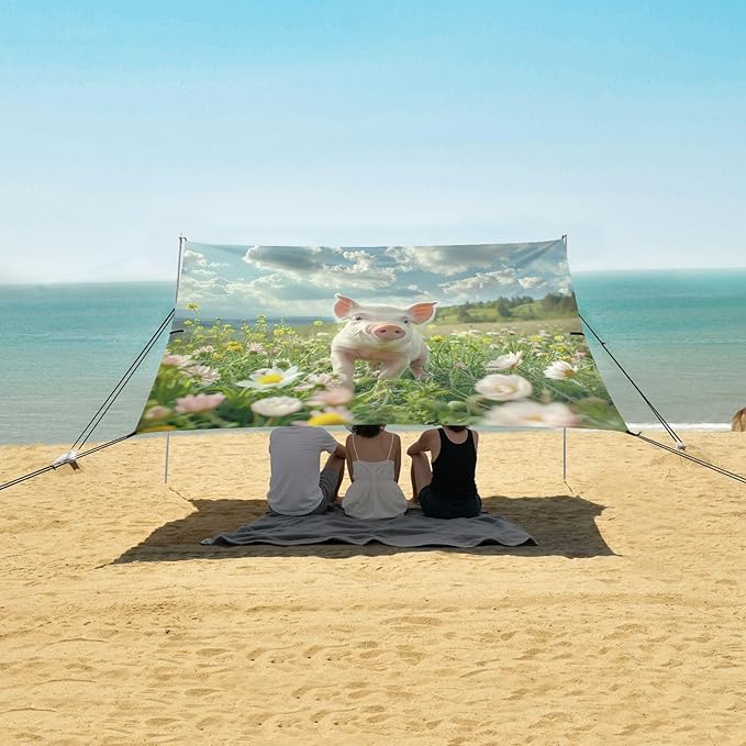 Cute Frolicking Piglet Beach Tent Sun Shelter 9.2' x 10.5' Beach Canopy with 4 Sandbags 4 Stability Poles Sand Shovels - Tent Canopy for Beach Camping Fishing Picnics