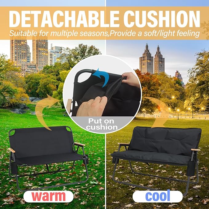 Loveseat Camping Chair with Detachable Cushion Folding Double Camping Chair