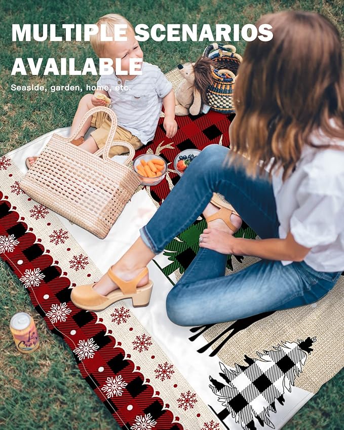 Beach Blanket Waterproof Sandproof OversizedChristmas Tree Elk Shadow Winter Snowflake Beach Mat with Corner Stakes Sand PocketsRed Buffalo Plaid Retro Linen Outdoor Picnic Mat for Travel 95x80In