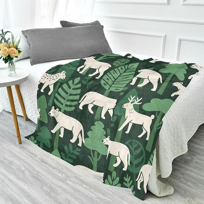 Blanket For Living Room Jungle Animal Fox Green White Teen Throw Blanket 50 x 70 Inch