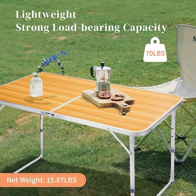 Portable Camping Table with Carrying HandleOutdoor Folding TableFolding Dining Tablefor Camping and Party (Wood Grain 4ft)