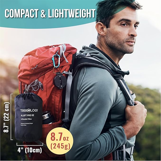 TREKOLOGY ALUFT Pro Inflatable Camping Pillow with Removable Foam-Padded Case - Camp Pillow for Camping &amp Hiking Backpacking Airplane and Travel - Add to Your Outdoor Backpacking Gear Essential