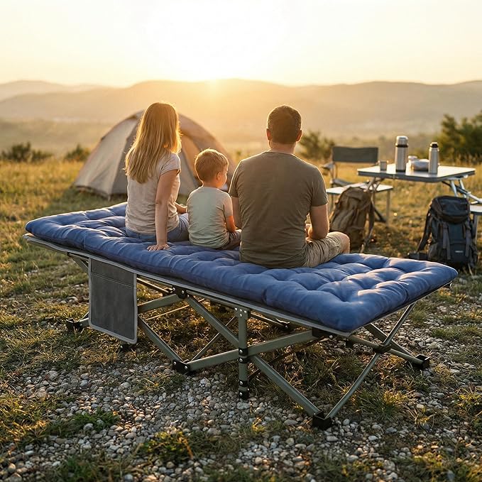 Blue Camping Cot with 2.9 Thick Mattress - Heavy Duty 600 LBS Folding Bed 75x28 Portable Guest Bed Waterproof Oxford Fabric &amp Alloy Frame for Camping RV Home Emergency