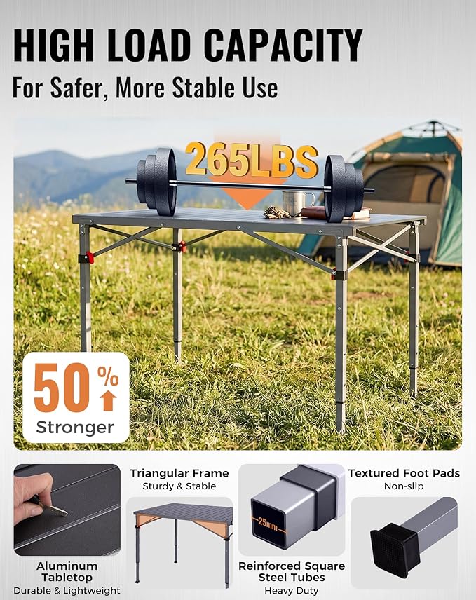 KingCamp Folding Camping Table Foldable Loads 265 Lbs 42.1× 27.6 Portable Table 3 Adjustable Height Aluminum Roll Up Camp Table with Carry Bag for Camping Picnic BBQ Backyard Indoor &amp Outdoor