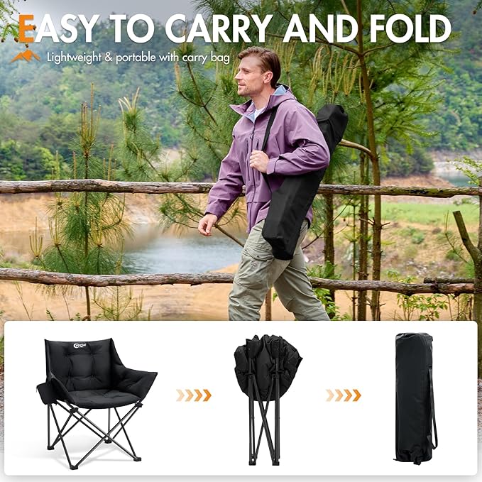 Portal Oversized Padded Camping Chair - Heavy Duty Folding Chair with Cup Holder &amp Side Pocket Supports 330 lbs for Camping Lawn Sports Black