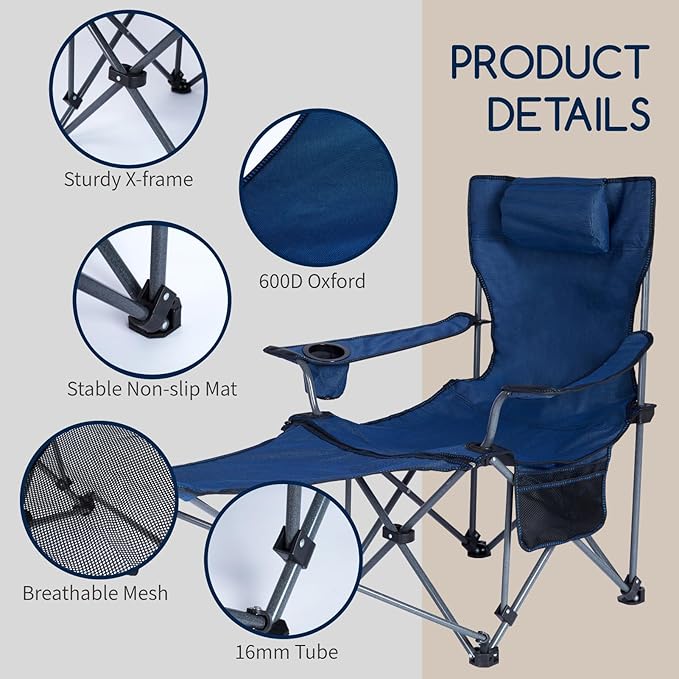 Folding Reclining Camping Chairs Footrest: 3 in 1 Portable Beach Lounge Chair Tanning Chairs with Backpack Lay Flat Lawn Chair Camping Furniture Camp Fishing Outdoor Carry Bag (Cloth Back Navy Blue)