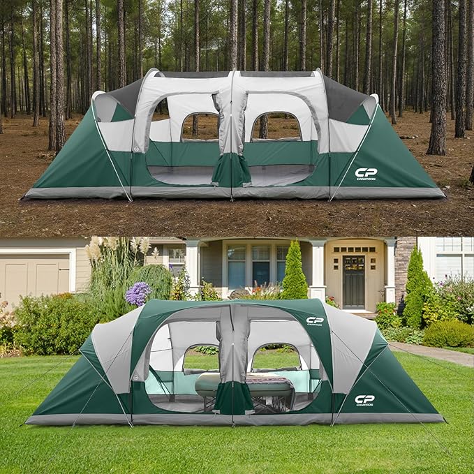 CAMPROS CP Tent 12-Person-Camping-Tents3 Room Family TentsWaterproof Windproof Family Tent with Top Rainfly6 Large Mesh WindowsDouble LayerEasy Set Up Portable with Carry Bag-20' x 9' x 72(H)