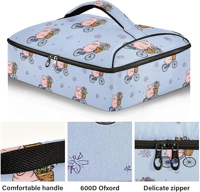 Casserole Carrier Cute Cartoon Animal PigInsulated Casserole Carrier for Hot or Cold Food Thermal Lunch Tote for Potluck Parties Picnic Beach Fits 9 x 13 Inches Baking Dish