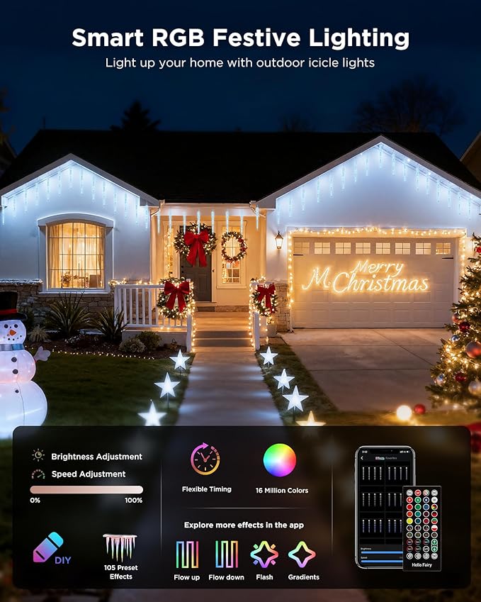 Brightown Smart Icicle Lights for Outside 62.4ft with 40 Tubes 200 LED Color Changing Icicle Christmas Lights Decoration APP Controlled Customize Display DIY Dynamic Waterproof Connectable