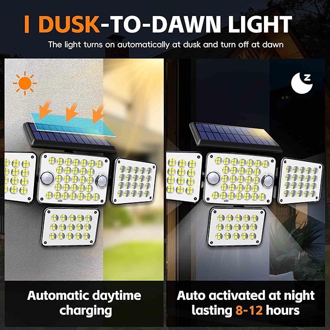 Solar Lights Outdoor 336 LED Motion Sensor Security Wall Light with Remote Split 4-Head Adjustable Design 2400mAh Battery Waterproof IP65 Garage Driveway Garden Courtyard Lighting（2Pack