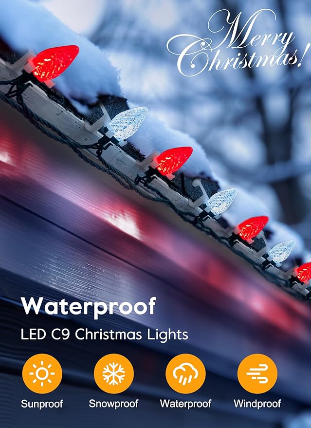 C9 Led Christmas String Lights 68 Ft 100 LED Strawberry Roof Lights with 100 All in One Clips Commercial Grade Waterproof Extendable for Indoor Outdoor Roofline Home Xmas Decor Red &amp Pure White