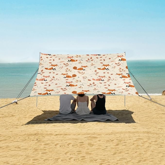 Camping Sun Shelters Autumn Pattern with Fox and Leaves Beach Canopy 126 * 110.2in