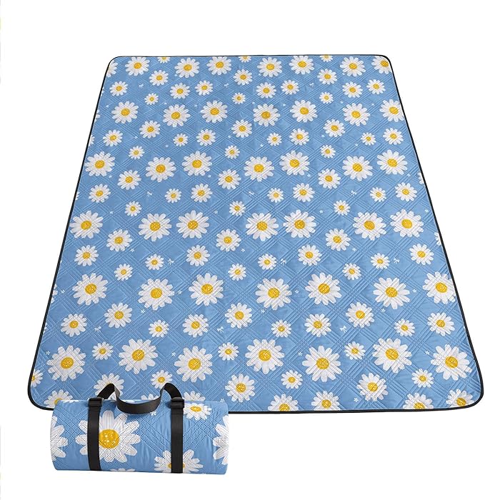 Outdoor Picnic Blanket Portable Ultrasonic Waterproof Picnic Blue Daisy Flower Printed Camping Beach Mat for Sand and Wet Grass Hiking (Blue Daisy S