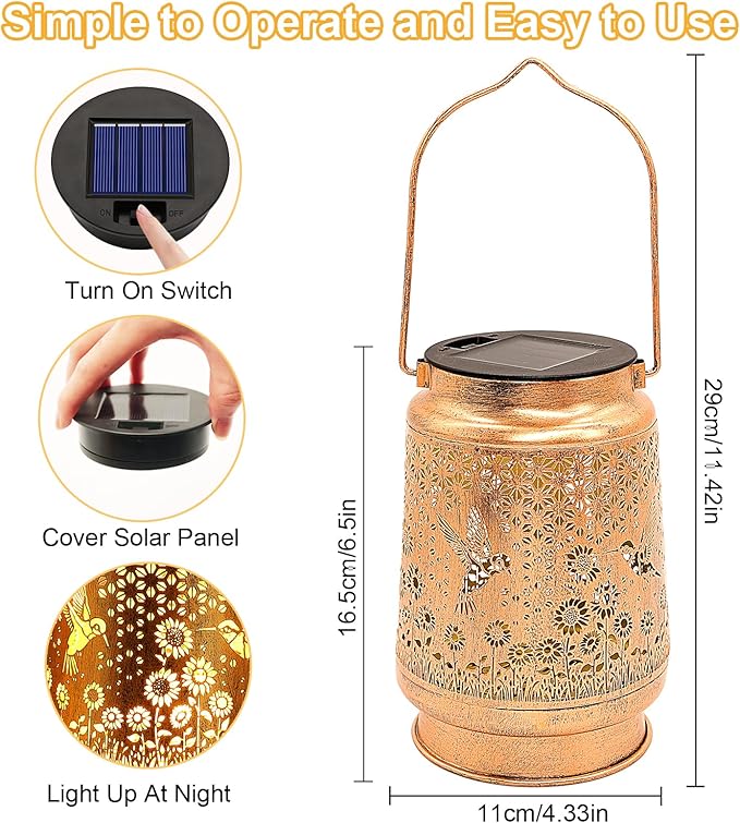 2 Pack Hummingbird Solar Lanterns Outdoor Garden Decor Gifts for Women Mom Grandma Birthday Hanging Metal Solar Lights Waterproof LED Decoration with Shepherd Hook Outside for Yard Patio Lawn Porch