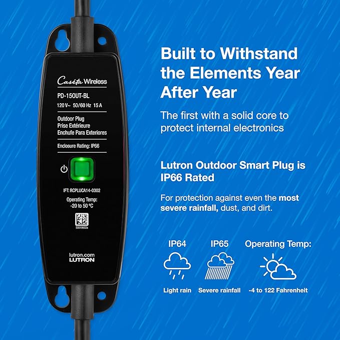 Lutron Outdoor Smart Plug for Caseta Smart Lighting Summer Patio Backyard Outdoor Lights &amp Motors 15A LED Fixtures &amp 1/2 HP Motors PD-15OUT-BL Black
