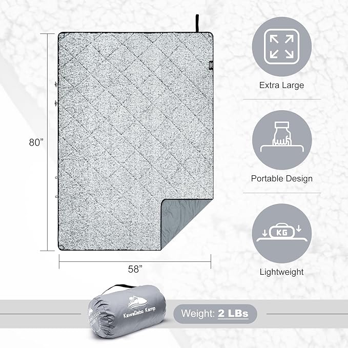 Sherpa Warm Outdoor Camping Blanket - Waterproof Stadium Blanket for Cold Weather Camp Sports Mom and Concert - Camping Quilt 80 X 58 (Gray)