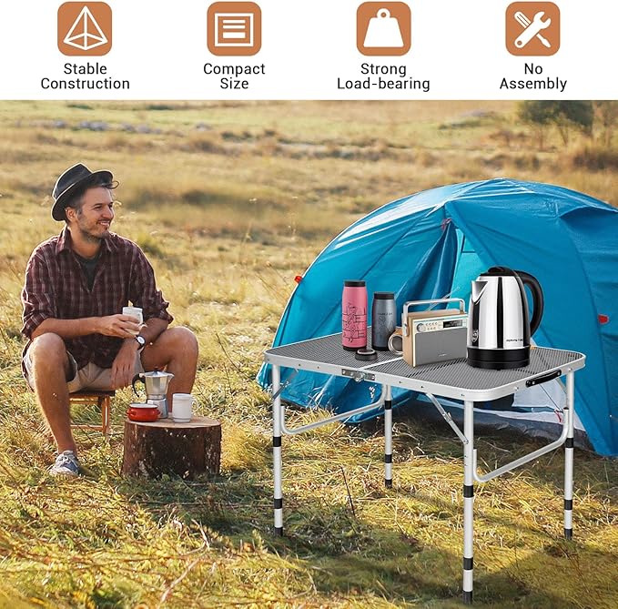 GYMAX Aluminum Folding Camping Table Adjustable Grill Table Portable Metal Grill Stand for BBQ Camping Outdoor Cooking