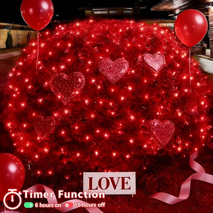 YEGUO Net Lights Outdoor Mesh Lights 12ft x 5ft 360 LED Red Valentine‘s Day Light Outdoor Waterproof 8 Modes Connectable Clear Wire Christmas Bush Light Plug in