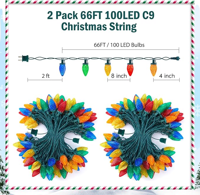 Brightown C9 LED Christmas String Lights 2 Pack Total 132ft 200LED Multi-Color Outdoor Lights String Plug-in Connectable Roofline Lights String for Outside Yard Christmas Holiday Decor