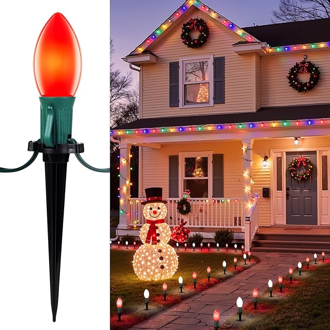 Frosted C9 Christmas Lights Outdoor 25.7 Ft Christmas Pathway Lights with 20 LED Bulbs and Stakes Connectable Christmas Yard Decorations Walkway Sidewalk Holiday Red and White
