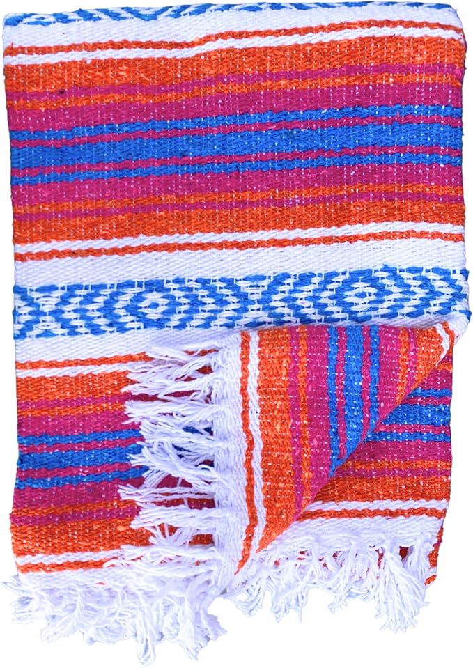Del Mex Classic Mexican Blanket Large Authentic Woven Falsa Throw (70x50) Artisan Southwest Décor for Beach Yoga Outdoors (Orange/Pink/Blue)
