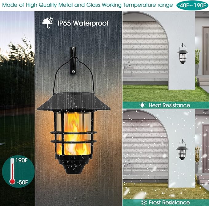 Solar Hanging Lantern Outdoor Flickering Flames Outdoor LightsSolar Lights Waterproof for Wall Fence Patio Porch Yard2 Pack