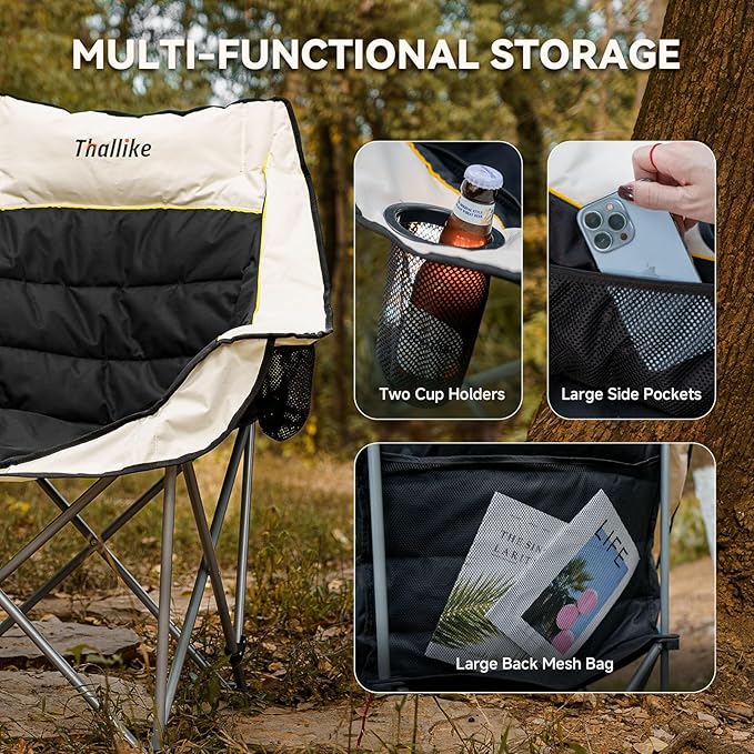 Heated Oversized Camping Chair for Adults Portable Folding Padded Chair with 3 Heat Levels Cup Holder Side Pocket and Carry Bag for Camping Outdoor Sports Picnic Black 2 Pack Set Supports up to 450lbs